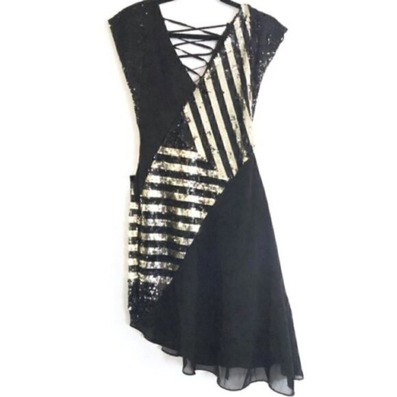 Bebe Dress S NWT Sequin Asymmetrical Sheer Lace Up Holiday New Years Gold - Picture 6 of 11